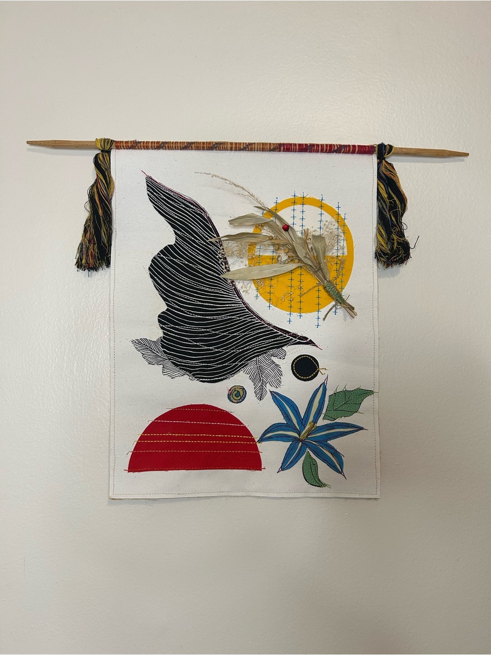 Handcrafted Abstract Textile Wall Hanging with Stitched Appliqués